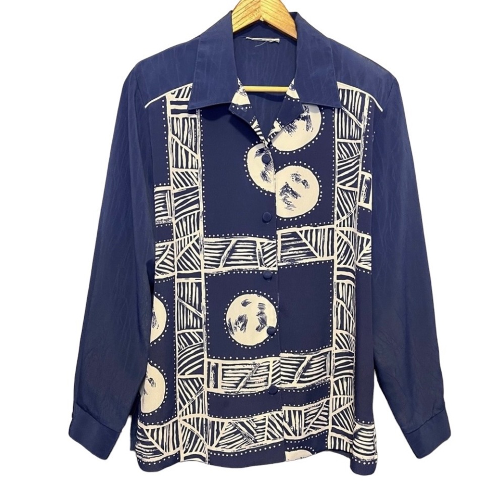 Vintage abstract moon long sleeve button down shirt navy white